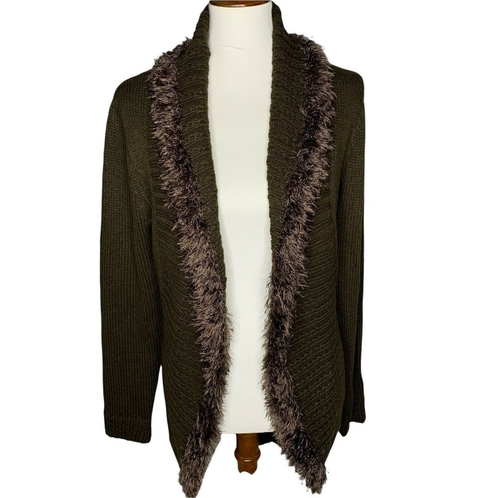 Paris Paris Tunic Open Front Sweater With Faux Fur Trim Size Large Brown